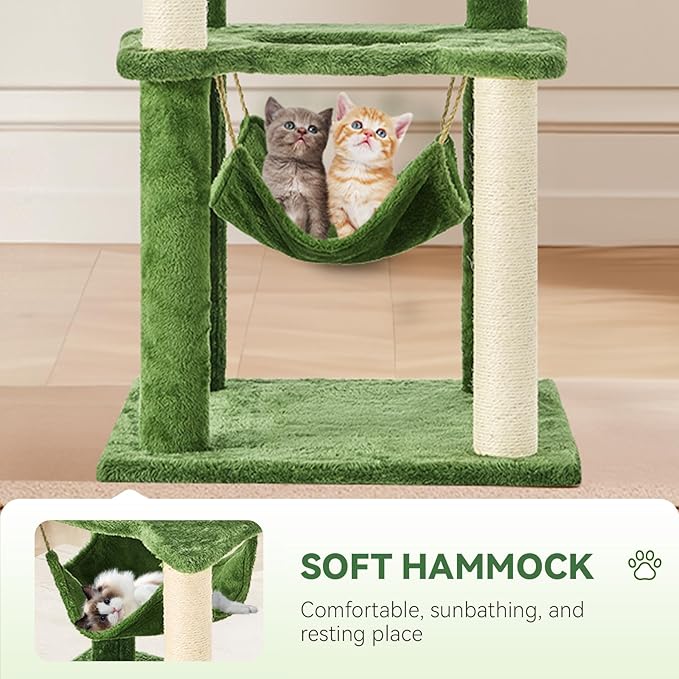 61" Large Cat Tree Tower for Indoor Cats with DIY Green Leaves Scratching Post Multi Soft Hang Ball Plush Cat House Furniture 360° Rotating Cat Scratch Board with Hammock, Green