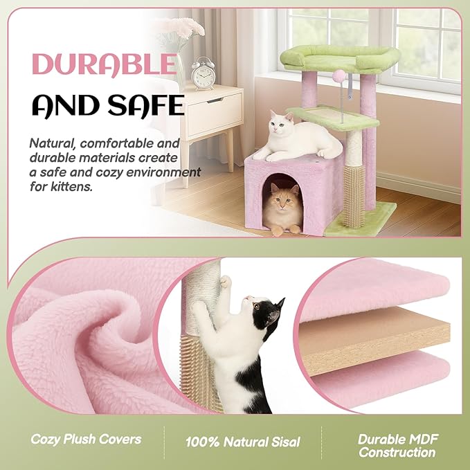 Outvita Cat Tree 27.5in Small Cat Tower, Multi-Level Cat Tree Tower with Cat Scratching Post and Pad, Cozy Cat Condo, Padded Top Bed for Kittens and Indoor Cats, Pink & Green