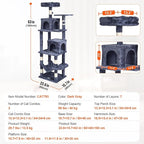 VEVOR Cat Tree for Indoor Cats, 63" Cat Tower with 2 Cat Condos, Sisal Scratching Post, Hammock, Top Perch, Jumping Platforms, Large Cat Furniture Activity Center with Hang Ball, Dark Grey