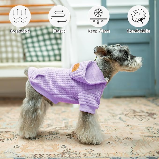 BEAUTYZOO Small Dog Hoodie Sweater with Pockets, Dog Clothes for Small Medium Dogs Boy Girl, Waffle-Like Laminated Cotton Pet Coats with Hat and Leash Hole, Purple S