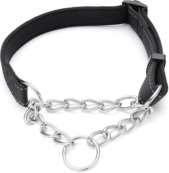 Martingale Dog Collars Adjustable Soft Nylon Reflective Collars with Stainless Steel Chain Walking Training Collars Heavy-Duty Puppy Chain Collars for Small,Medium,Large Dogs(Black,M)