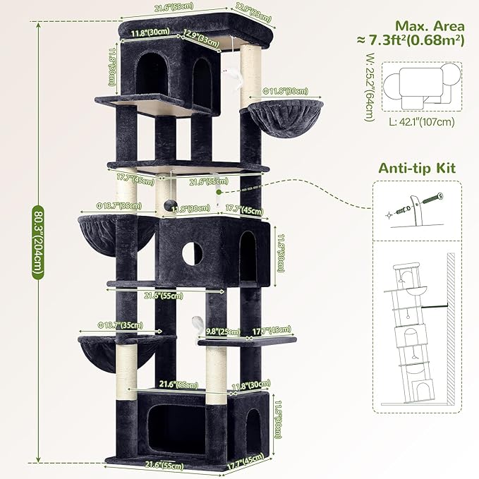 Globlazer Large Cat Tree, 80 inch Multi-Level Tall Climbing Tower Kitty Condos Cat Scratching Tower for Indoor Multiple Large Adult Cats Kittens with 3 Cat Caves, 3 Hanging Baskets, F80F, Dark Grey