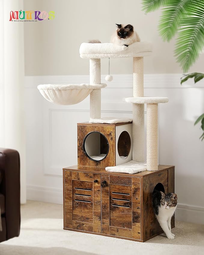 Cat Tree with Litter Box Enclosure, 50" Modern Cat Tree for Large/Fat Cats with Cat Condo, Wooden Cat Furniture with Large Hammock and Top Perch, Rustic Brown