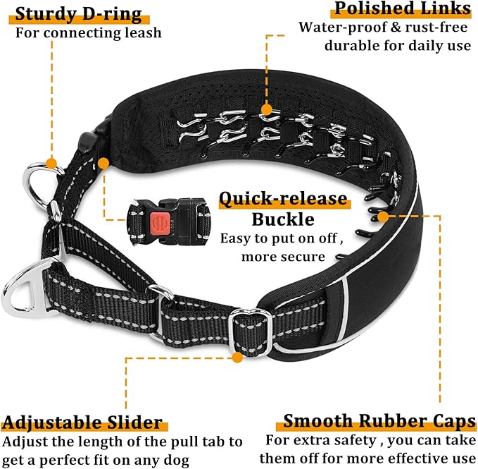 Mayerzon Martingale Dog Collar No Pull for Large Medium Dogs, Adjustable Neoprene Walking Collar for Pitbull German Shepherd Rottweiler, Reflective Anti Pull Design for Training Hiking(M, Black)
