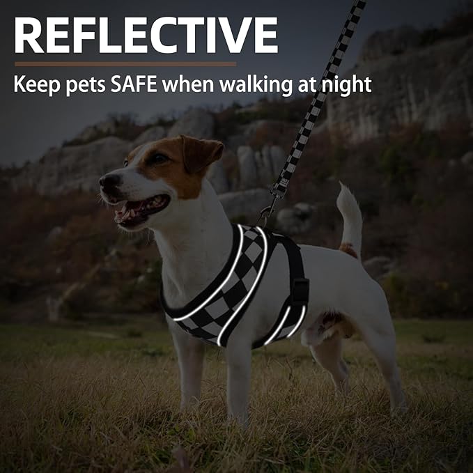 PUPTECK Soft Mesh Dog Harness and Leash Set Pet Puppy Cat Comfort Padded Vest No Pull Harnesses, Checkered Black&White, M