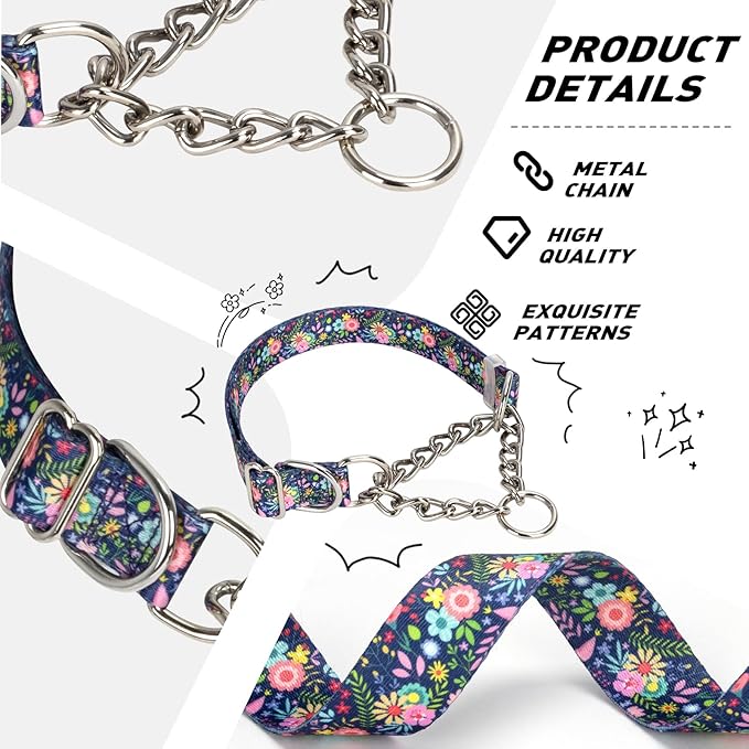 Martingale Collar for Dogs with Chain,Adjustable Nylon Floral Slip No Pull Training Dog Collars for Medium, Large & XL Dogs(Floral M)