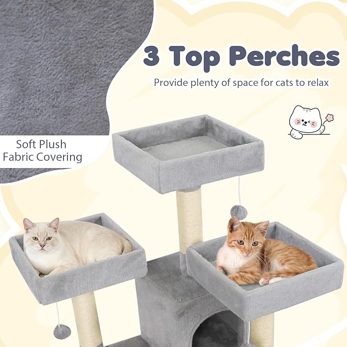 Tangkula 65 Inch Tall Cat Tree, Multi-Level Cat Tower with Sisal Scratching Posts & Board, 2 Condos, 3 Plush Top Perches, Adjustable Basket, 3 Hanging Balls for Indoor Cats (Gray)