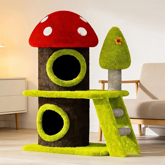 30.7" Modern Cat Tree Tower with Mushroom-Themed House and Sisal Scratching Posts, Suitable for Indoor Use and Multi-Cat Households