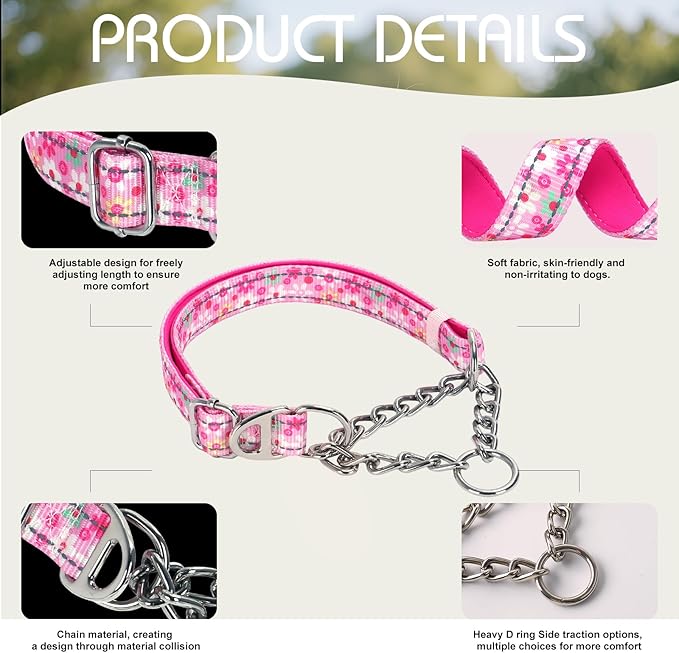 Martingale Collar for Large Dog with Chain，Reflective & Padded Comfortable & Safe No-Pull Dog Collar for Training & Walks（Pink L