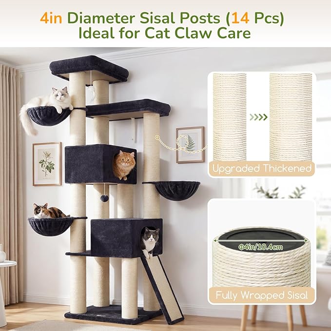 Globlazer 84" Multi-Level Large Cat Tree Tower with Extra Thick Full Sisal Scratching Posts, 2 Cat Condos, 3 Hanging Baskets, 2 Extra Large Platforms & Cat Scratching Ramp,S84, Dark Gray