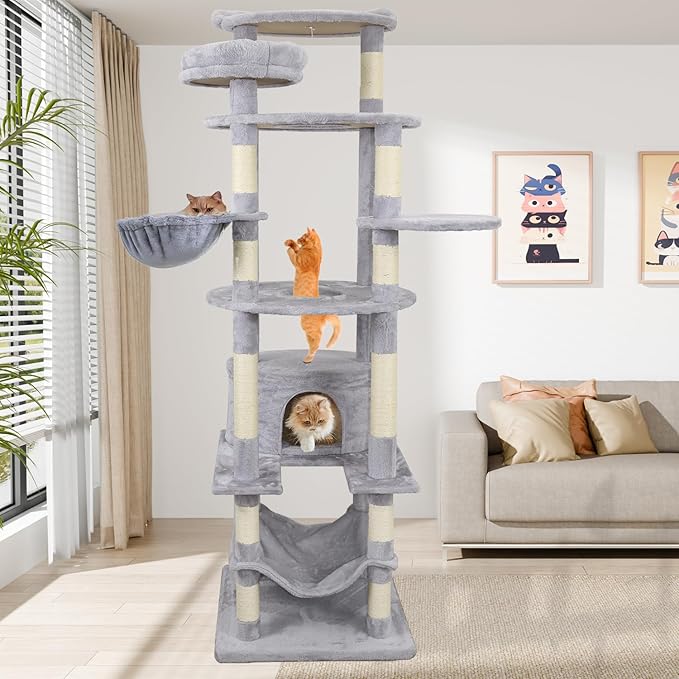Tall Cat Tree 78.8in, Patent Fabric Multilevel Cat Tower for Adult Cats, Climbing Tree House and Towers with Condo Hammock Scratching Post Large Platform Wide Base