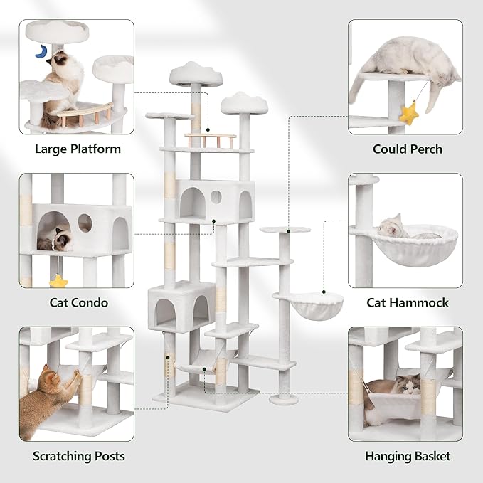 79in Tall Cat Tower for Heavy Duty Big Cats, Large Cat Tree with Scratching Post, Plush Perches, Cozy Cat Condos & Hanging Hammocks for Maine Coon, White