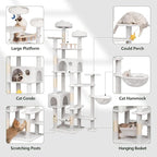 79in Tall Cat Tower for Heavy Duty Big Cats, Large Cat Tree with Scratching Post, Plush Perches, Cozy Cat Condos & Hanging Hammocks for Maine Coon, White