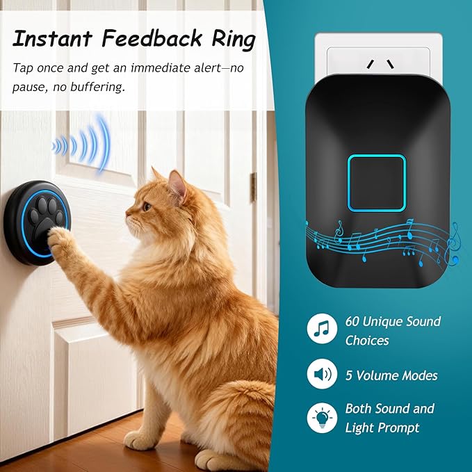 Halo Paw Smart Dog Door Bell – Touch-to-Ring BK Dog Bells to Go Outside, LED Light Wireless Dog Buttons & Dog Clicker for Communication, Waterproof Bell for Dogs to Ring to Go Potty(1 Bell & 1 Chime)
