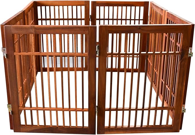 Urnporium Pet Dog Gate Freestanding, Strong Durable Folding Wooden Fence, Portable Acacia Hardwood Safety Barrier for Indoor & Outdoor Use (Brown Pet Gate, 8 Panel 24" Tall)