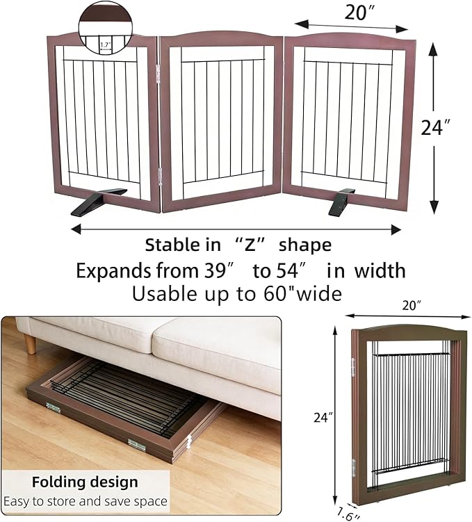 Dog Fence Indoor,Dog Gate Indoor for Doorway pet gate -3-Panel Freestanding, Hallways, House or Stairs -60x24-Inch Retractable Foldable Expandable Wood Pet by SFJC (Brown) ﻿