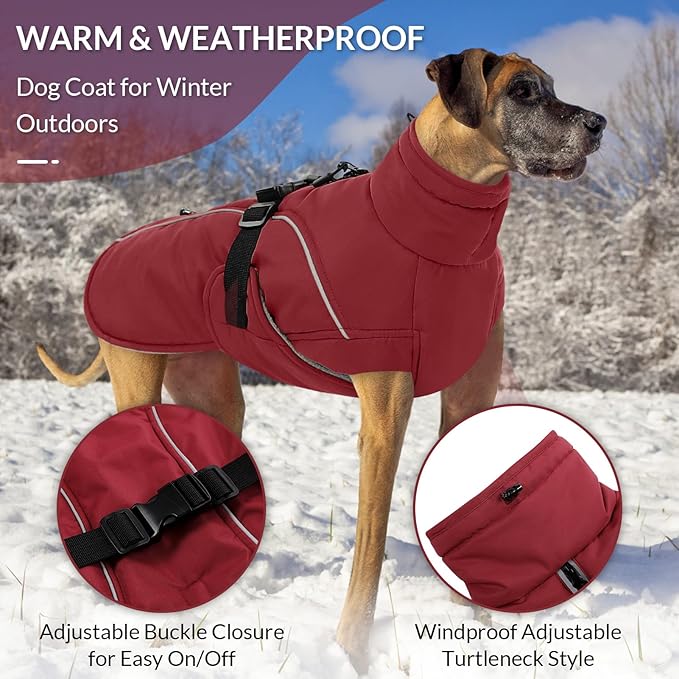 Queenmore XXL Dog Coat, Winter Jacket for Large Dogs, Waterproof Puffy Snowsuit, Adjustable Reflective Fleece Lining Warm Padding Parka for Cold Weather, Red 3XL