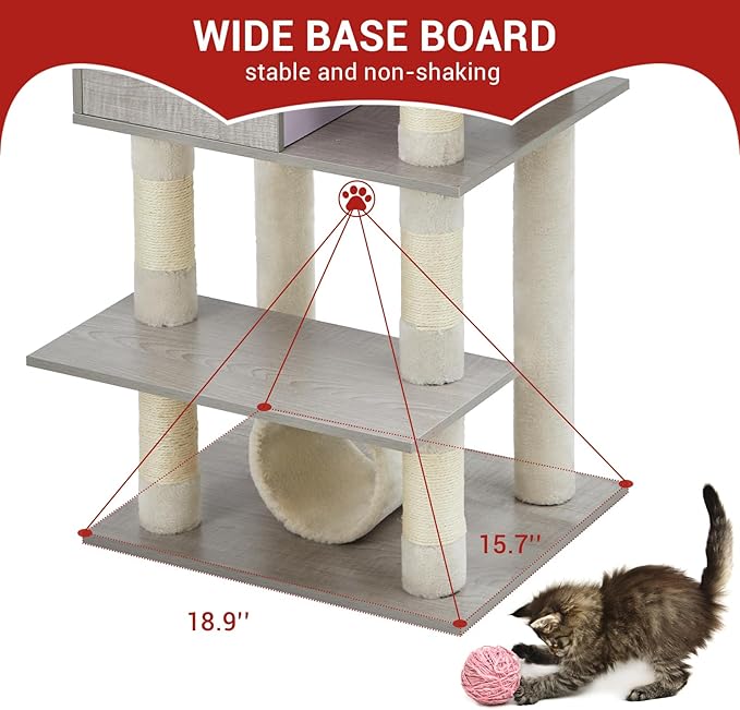 GarveeHome 67 in Cat Tree for Large Cats, Features Scratching Post, Cat Condo, Platforms, Tunnel, Hammock, Food Station & Bowls – Ideal for Indoor Cats, Retro Light Gray