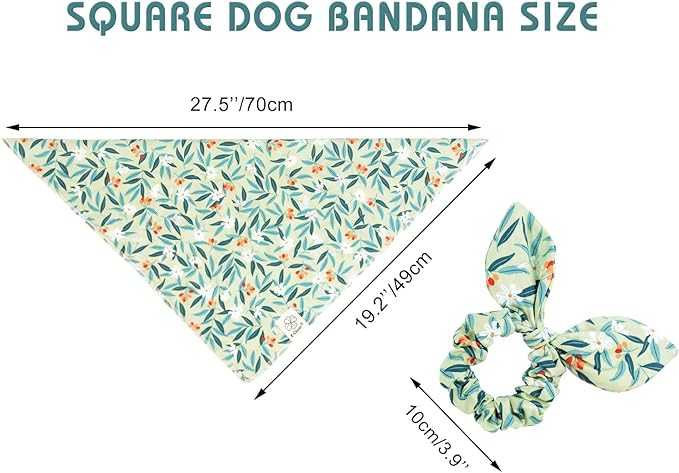 E-Clover Dog Bandanas & Matching Scrunchie Set Girl Dog Bandana Scarf Washable Kerchief Bibs for Medium Large Dogs Pet Owner Birthday Gift Green