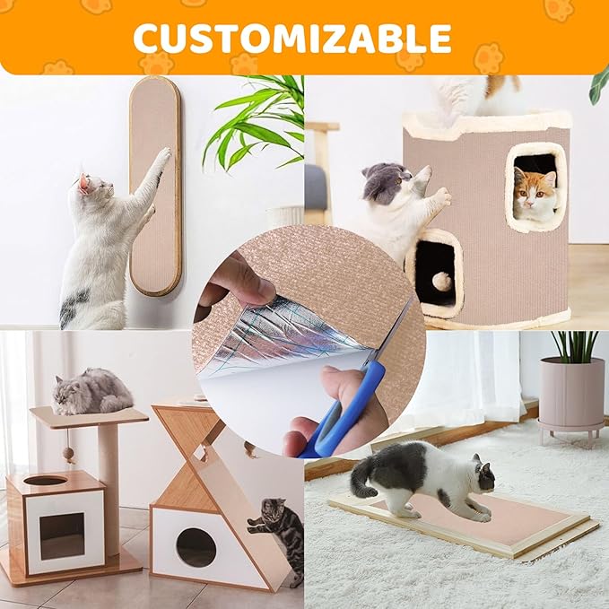 Cat Scratching Mat Self-Adhesive, 78.7'' x 15.8'', Trimmable Cat Scratch Pads Furniture Protector, DIY Climbing Cats Scratching Carpet for Couch, Door Frame or Wall Corner Protector (Khaki)