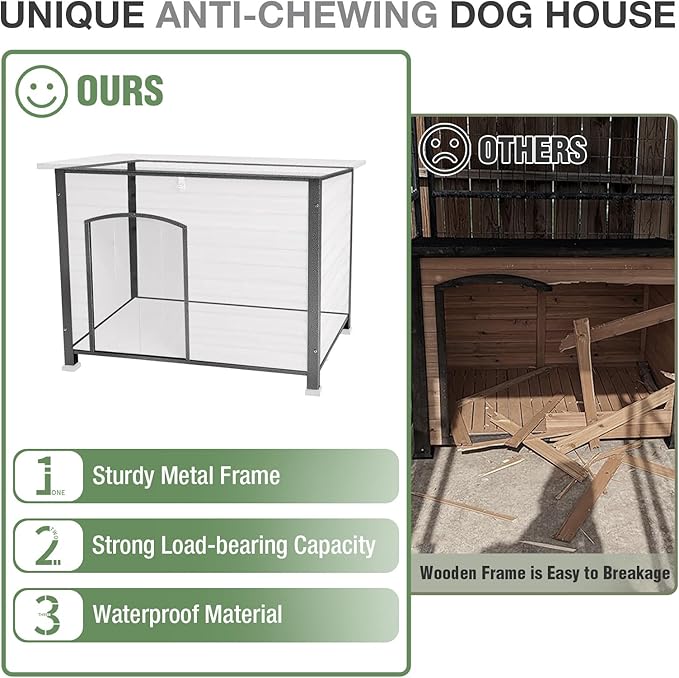 43.3’’ Large Dog House Outdoor Weatherproof Dog Kennel with Upgraded Thickened Metal Frame, Dog Shelter with PVC Curtain, Openable Roof and Removable Floor, Easy to Clean (White)