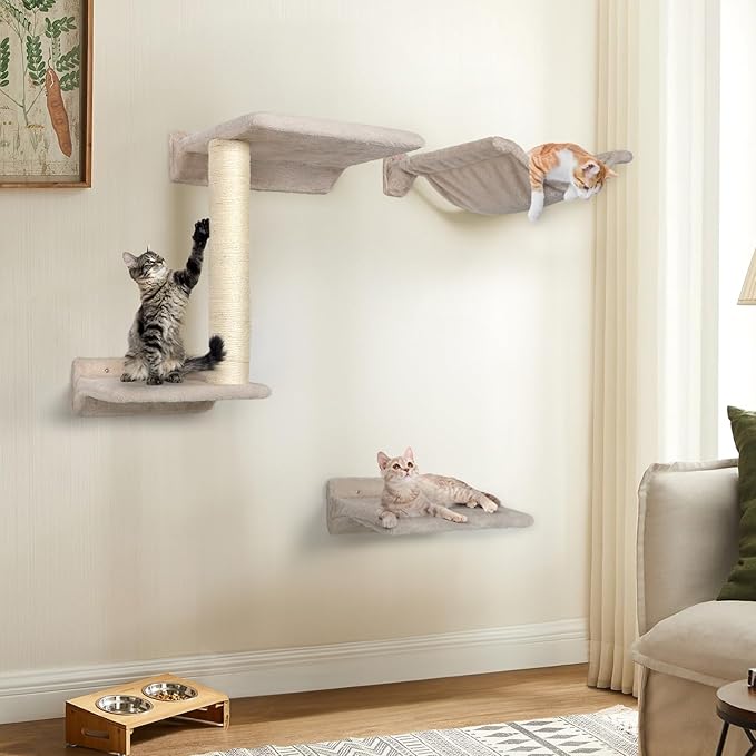 Cat Wall Shelves - 5 Pcs Wall-Mounted Cat Shelves for Wall, Including 2 Steps, 1 Perches, 1 Hammock, 1 Sisal Scratcher Post, DIY Playground for Large Cats