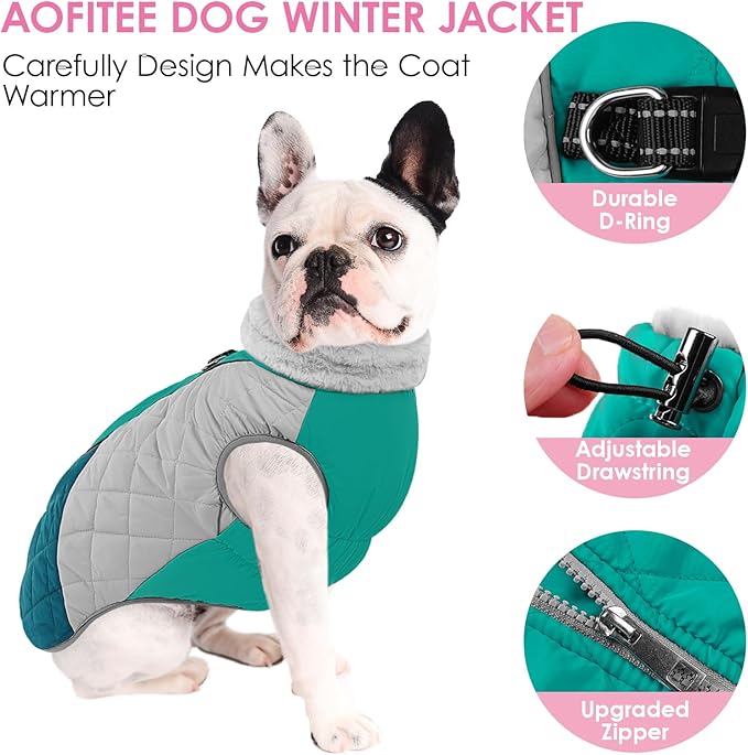 AOFITEE Dog Coat, Dog Winter Coat, Reflective Small Dogs Jacket with Harness Built in and Fleece Lined, Waterproof Pet Winter Jacket Warm Snowsuit for Small Medium Large Dogs, Green XS