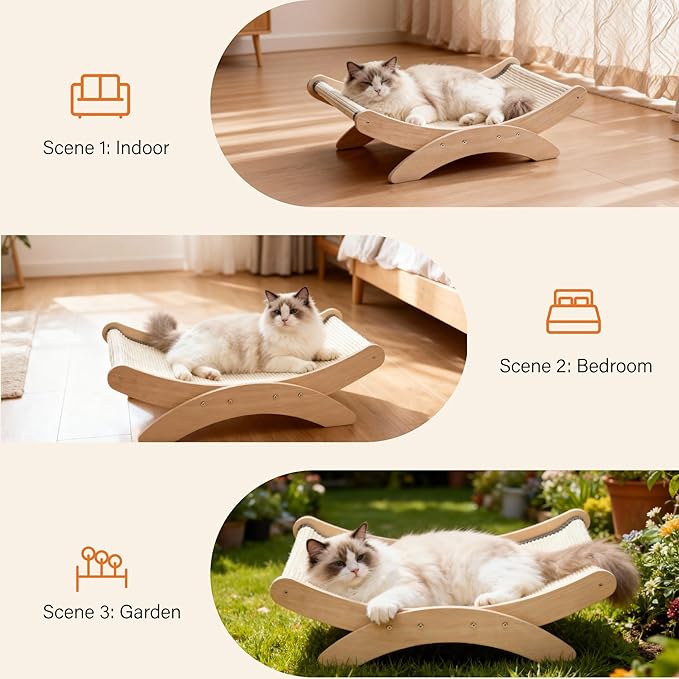 Extra-Larger Sisal Cat Scratcher Bed for Indoor Cats - 25" Natural Cat Scratching Post with Hammock Sturdy Solid Wood Frame Scratch Pad for Scratching & Resting & Play