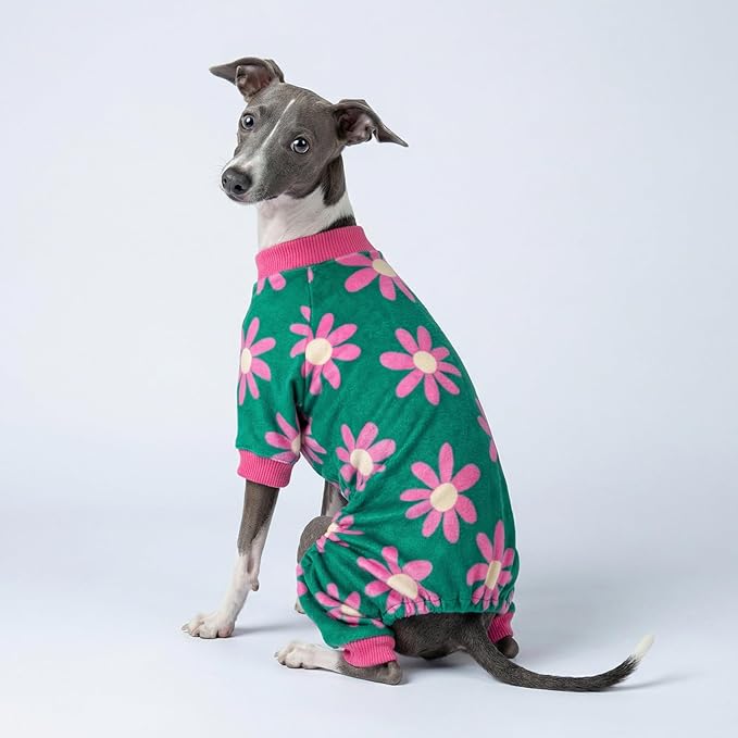 Fitwarm Flower Fleece Dog Pajamas, Warm Winter Dog Clothes for Small Dogs Girl, Cozy Pet Onesie with Feet, Dark Green, XL