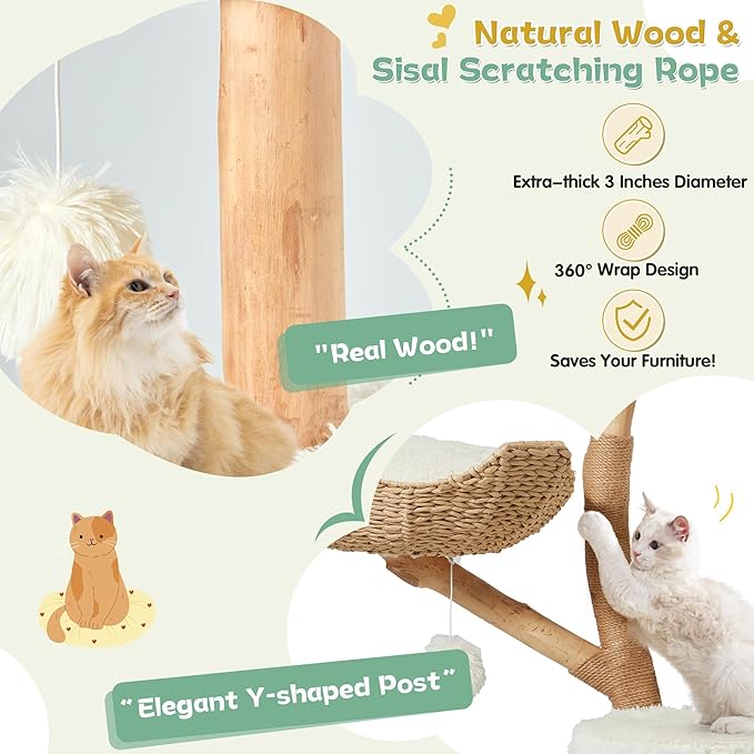Erinnyees 54" Real Wood Cat Tree for Indoor Cats, Modern Boho Cat Tower with Woven Basket Beds, Natural Branch Scratching Post, Luxury Cat Condo Furniture, White