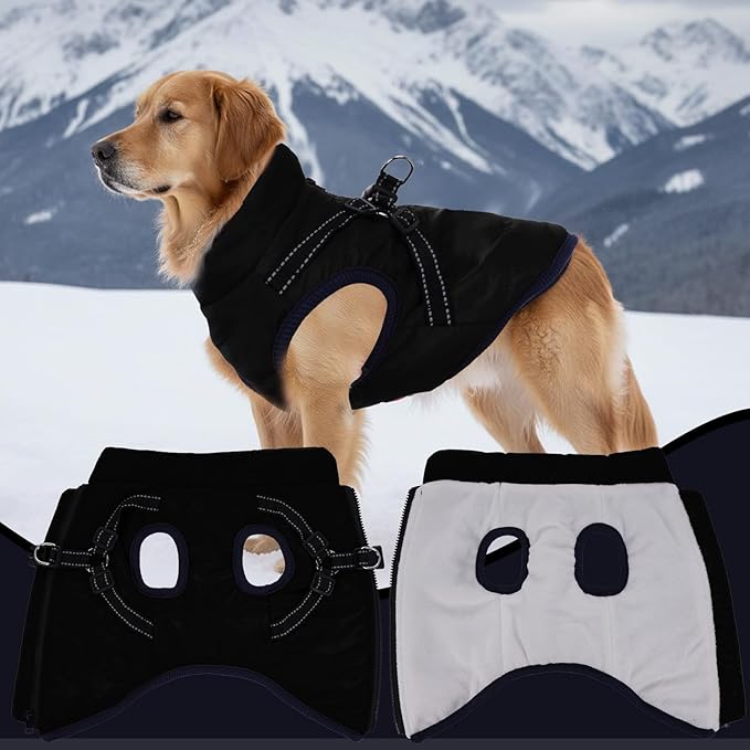 Dog Winter Coat with Harness Winter Jacket for Small Dogs Reflective Cold Weather Coats Warm Pet Vest Waterproof Snowsuit (Black, Small)