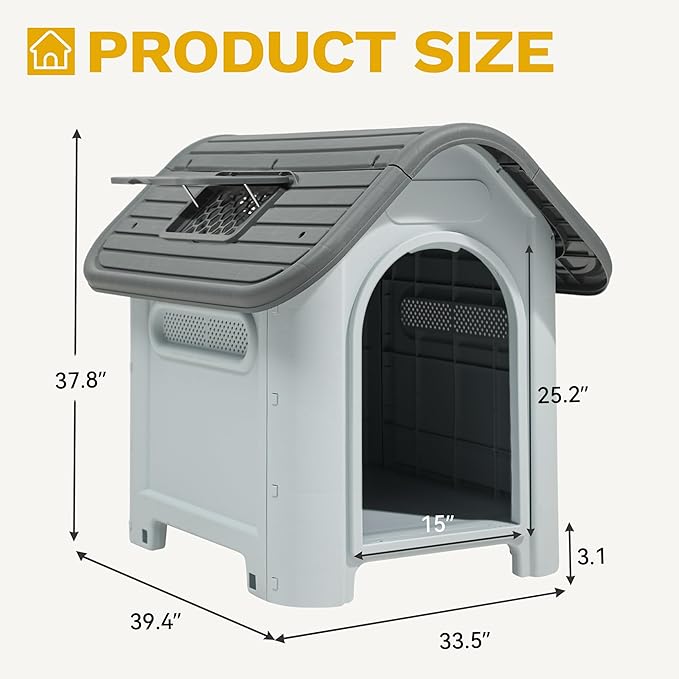 DWVO 39.4'' Plastic Foldable Dog House for Small, Medium, and Large Dogs, Waterproof Folding Pet House with Adjustable Top Window and Elevated Base (39.4''L x 33.5''W x 37.8''H)