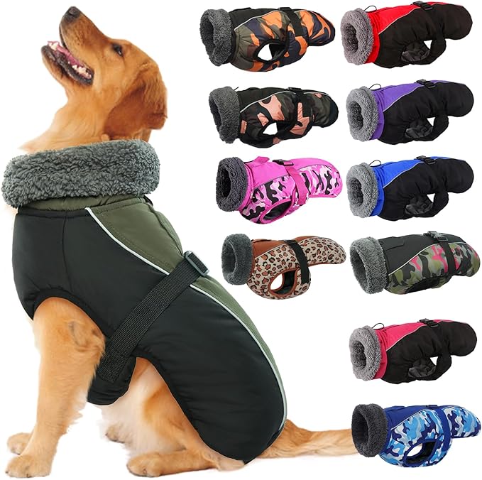 IECOii Extra Warm Dog Coat Reflective Adjustable Winter Jacket with Buckle Fleece Turtleneck for Cold Weather, Soft for Small Medium Extra Large Dogs, Army Green