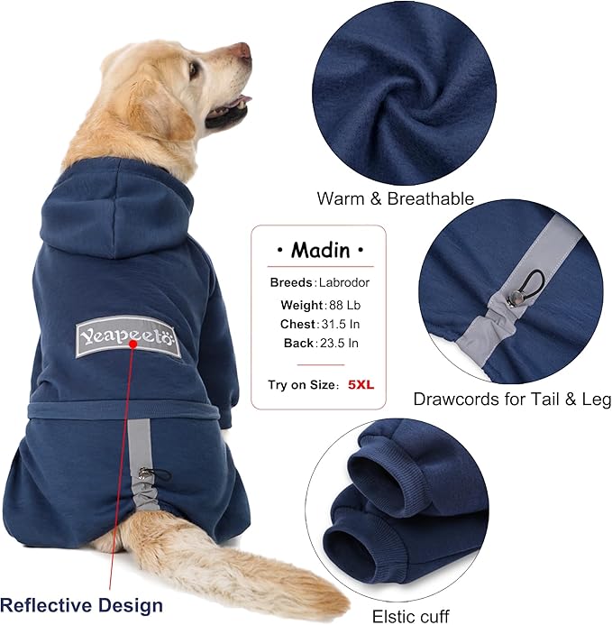 Dog Hoodies Winter Coat for Large Medium Dogs, Pullover 10 Legs Warm Coat Hooded Sweatshirt, Fleece Hoodie for Cold Weather (Dark Blue, 7X-Large)