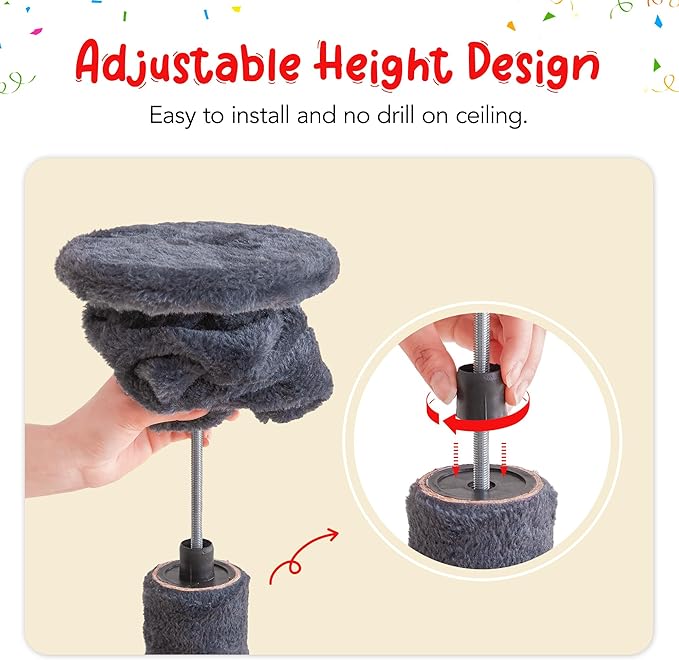 Cat Tree, Floor to Ceiling Cat Tower Adjustable Height [92.9-102.4in=235-258cm], 7 Tiers Cat Climbing Play House with Scratching Post, Cozy Condo&Hammocks for Indoor Cats, Smoky Grey
