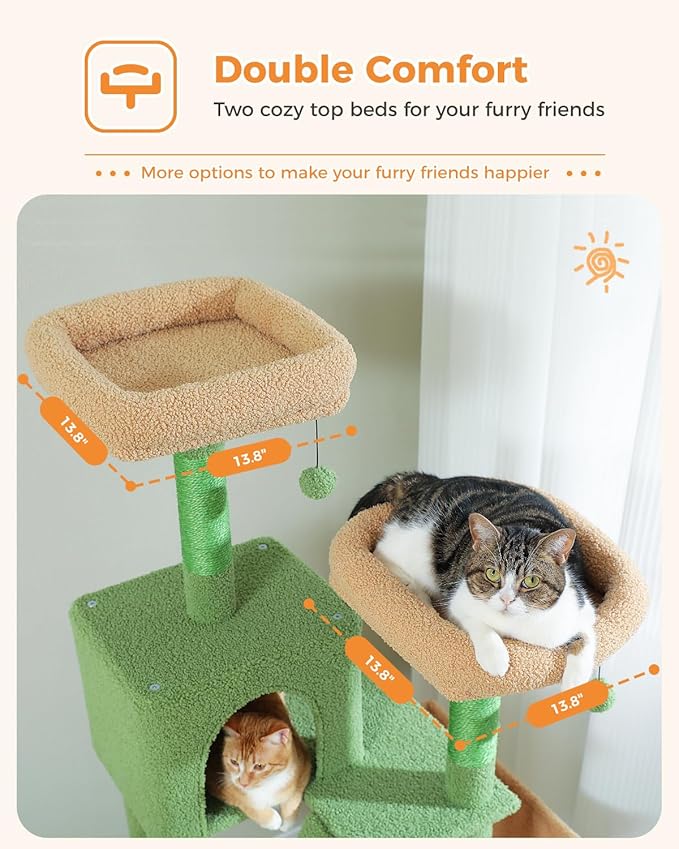 PEQULTI 71'' Cat Tree for Indoor Cats with Big Hammock, Tall Cat Tower for Large Cats with 2 Cat Condo, 2 Soft Top Perch, Scratching Posts and Pad, Green