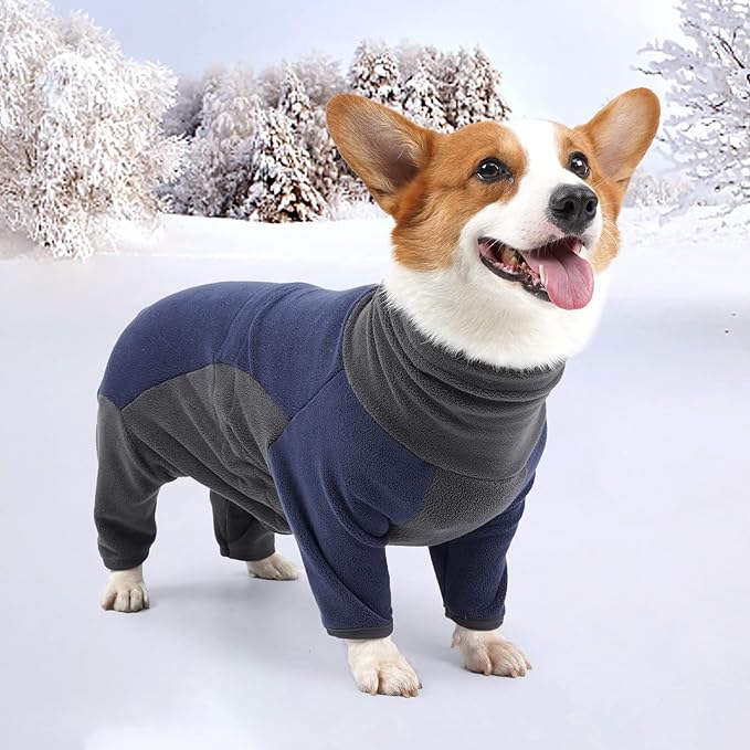 Dog Winter Coat Soft Warm Pajamas Windproof Fleece Sweatshirt Cold Weather Clothes High Neck Full Body Onesie for Walking, Hiking, Travel, Home Wear, Blue Grey XXXL