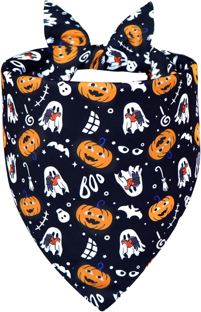 Halloween Dog Bandana for X-Large Dogs - Reversible Black Skull Pumpkin Print Scarf - Soft & Quick-Dry for Costume Parties