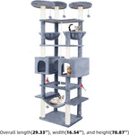 71in Multifunctional Multi-Level Cat Tree Tower for Indoor Cats,Cat Tree with Hammock,2 Condos,2 Hanging Baskets,2 Feather Toys,3 Perches,5 Hanging Balls,7 Scratching Posts,Grey