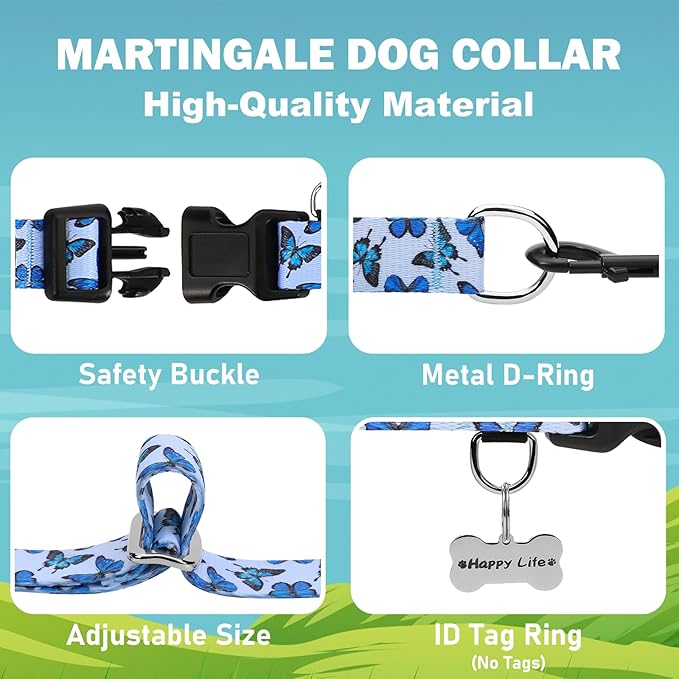 Martingale Collar for Dogs with Buckle Nylon Slip No Pull Training Dog Collars (Blue Butterfly, XSmall)