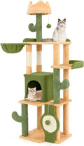 Tangkula Cactus Cat Tree, 63 Inch Multi-Level Tall Cat Tower with Sisal Scratching Posts & Board, Condo, Padded Perch, Hanging Toys, Basket Bed, Platforms, Green Cute Cat Tree for Indoor Cats