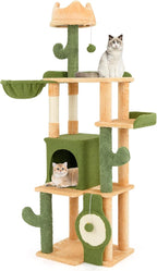 Tangkula Cactus Cat Tree, 63 Inch Multi-Level Tall Cat Tower with Sisal Scratching Posts & Board, Condo, Padded Perch, Hanging Toys, Basket Bed, Platforms, Green Cute Cat Tree for Indoor Cats
