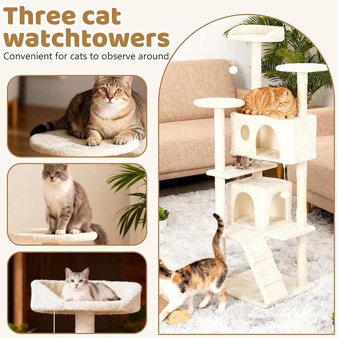 BestOffice 62 Inch Cat Tree, Multi-Level Cat Tower with Condo, Perches, Sisal Scratching Posts, Climbing Ladder,Indoor Activity Center Play House for Kittens & Adult Cats, Beige