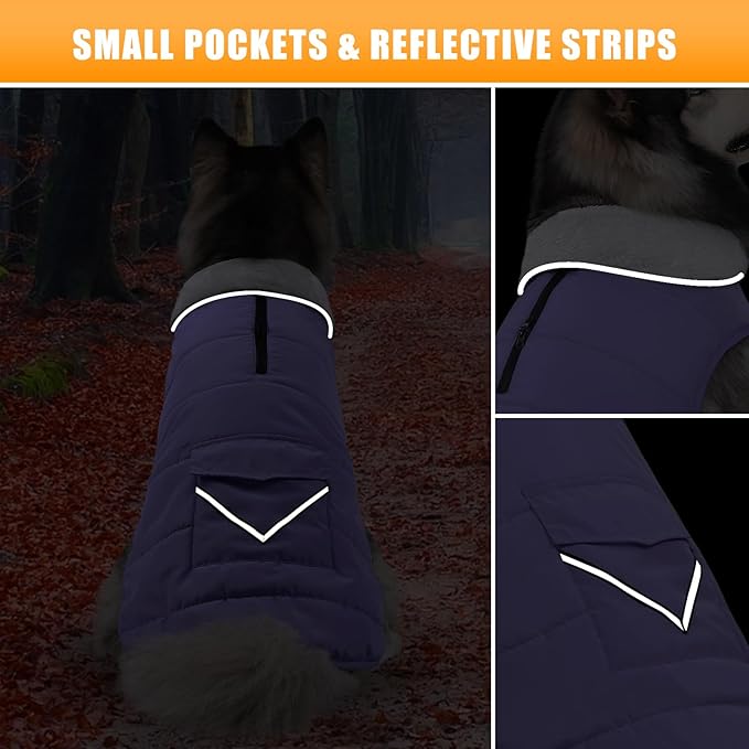 iBuddy Dog Winter Jacket for Extra Large Dogs, Easy on 3XL Dog Snow Coat Velcro Waterproof Pet Puffer Clothes with Harness Hole Adjustable Reflective Quilted Pet Cold Weather Vest for Girl Female