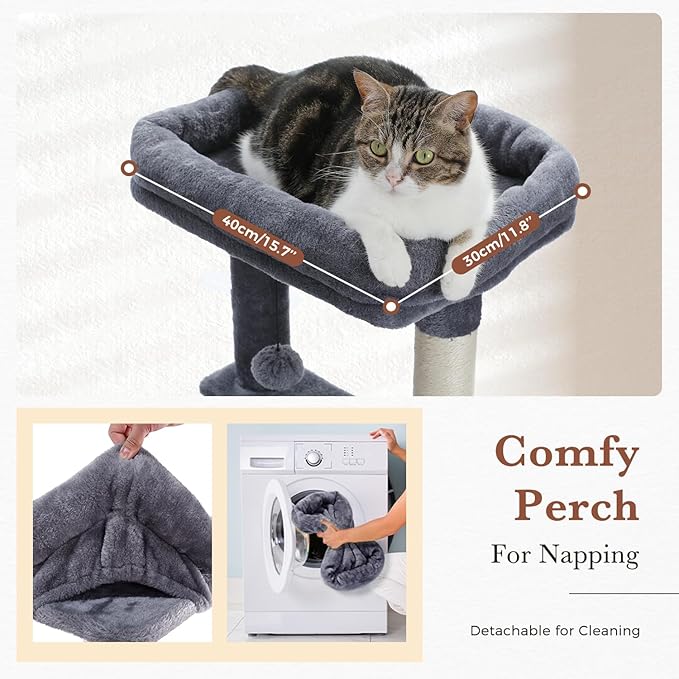 PEQULTI 60'' Cat Tree, Tall Cat Tower with 2 Large Condos, Wide Top Perch, Cozy Hammock and Sisal Scratching Posts for Indoor Cats Lare Adult Smoky Gray