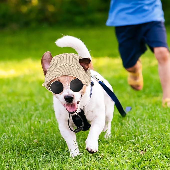 Jadive Small Dog Sun Hat with Ear Holes, Dog Cat Sunglasses with Anti-Slip Silicone Rope Baseball Cap Adjustable Puppy Sunbonnet Headdress Beach Visor Hat for Puppies Summer Outdoor(Khaki)