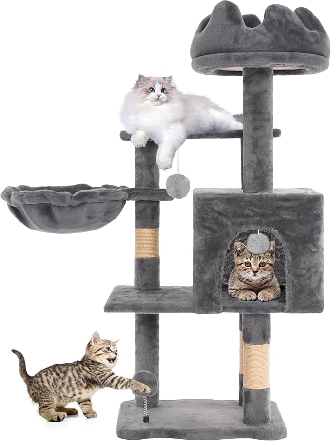 Cat Tree Tower with Metal Frame Hammock, 40'' Cat Trees for Indoor Cats Large Adult, Cat Towers with Scratching Post, Cats Condo Furniture with Cloud Top Perch, Cats Climbing Tower for Kittens(Grey)