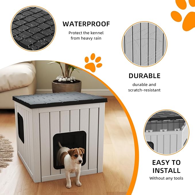 Dog House Small Dog Houses Outdoor with Sloped Roof Waterproof Ventilated Design Easy to Clean Elevated Floor Easy Assembly for Middle Sized Dogs(Grey 24.65"*21.5"*22.21")