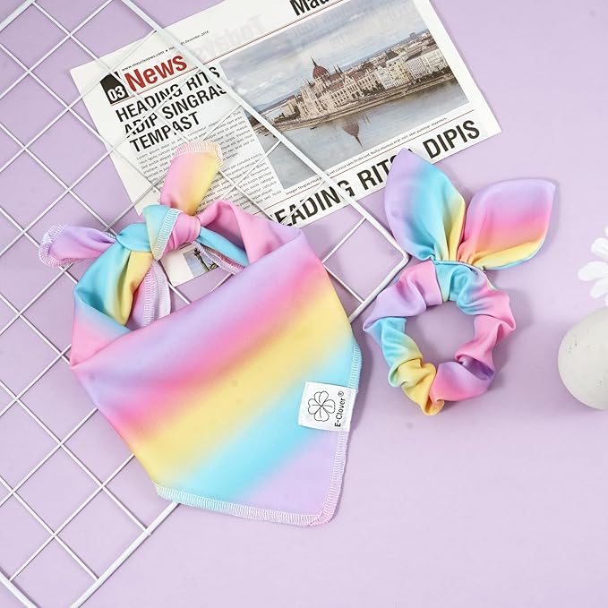 E-Clover Rainbow Dog Bandana & Matching Scrunchie Pink Purple Yellow Pet Dog Scarf Cute Dog Costumes Accessories for Small Dogs