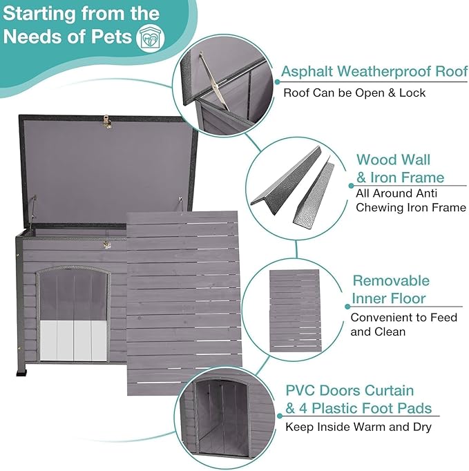 Aivituvin Dog House with Insulated Liner, Heated Outdoor Indoor Weatherproof Dog House for Winter, Suitable for Small & Medium & Large Dogs with Unique All-Around Iron Frame(Grey)